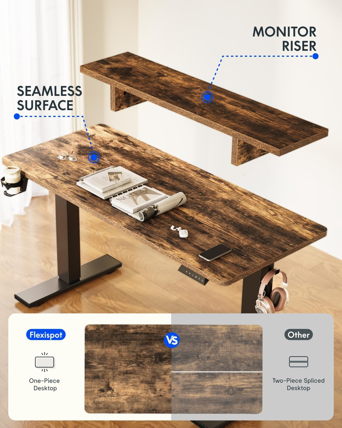 Standing Desk with Monitor Stand, 55 X 24 Inches One-Piece Electric Height Adjustable Computer Desk with Cup Holder, Home Office Desks (Black Frame+ Rustic Top)
