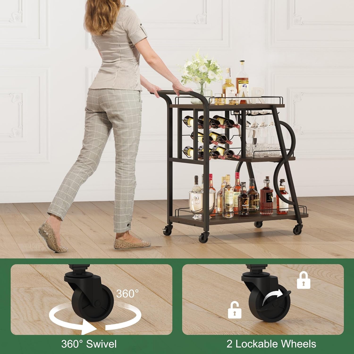 Rustic Bar Cart, 3 Tier Rolling Bar Carts for the Home, Industrial Home Serving Cart with Wine Glass Holder, Wood Metal Liquor Trolley, Mobile Beverage and Drink Carts (Walnut Brown)