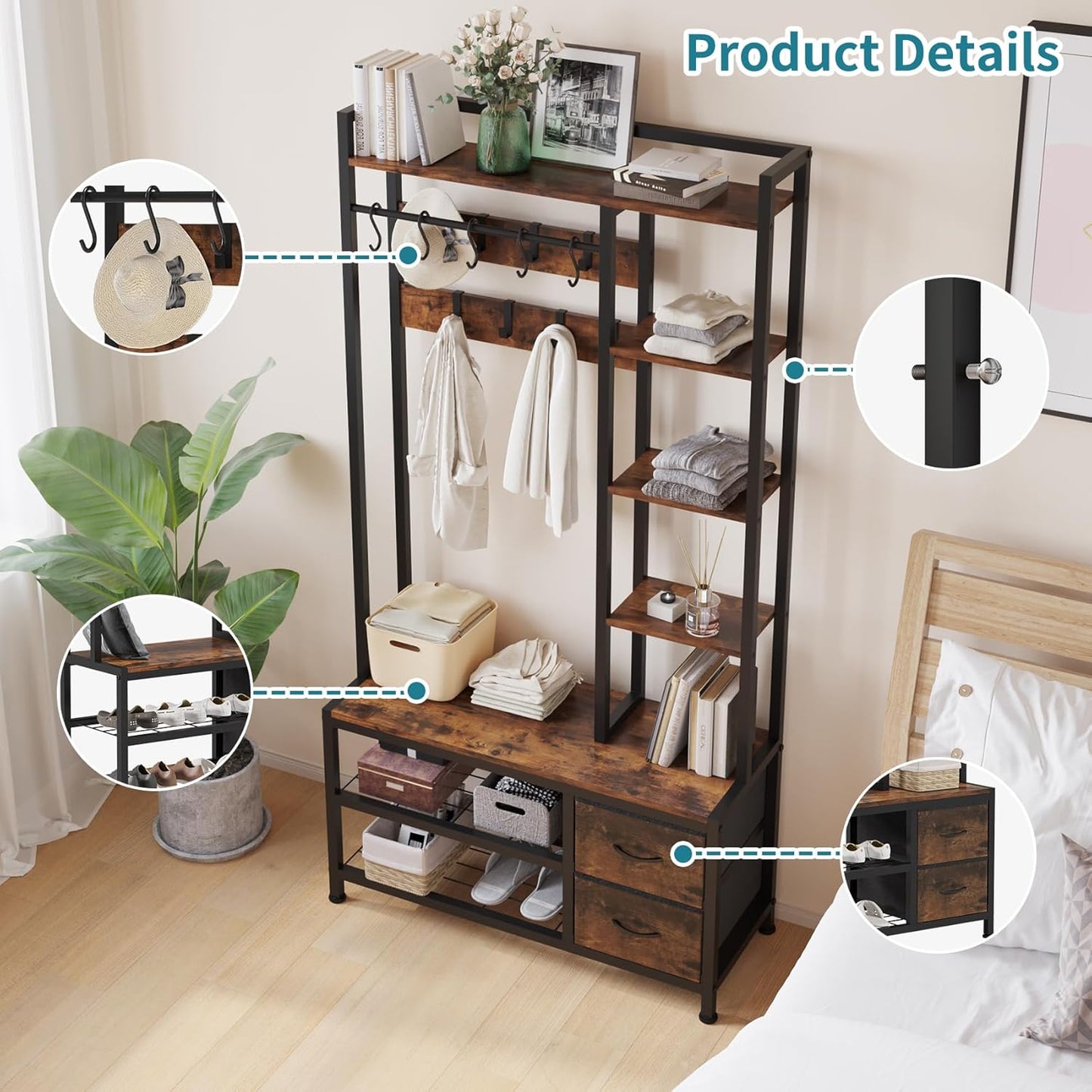 Hall Tree with Bench Storage and Shoes Storage, Hall Tree with Drawers and Shelves for Bedroom, 6-In-1 Entryway Organizer with Shelves, Living Room, Entryway, Closets (Rustic Brown)