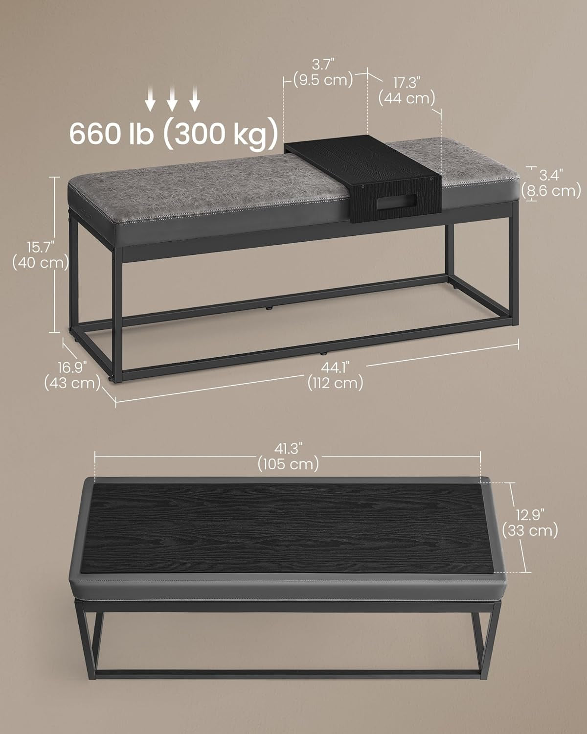 HOME LUIZ Collection - Ottoman Bench, End of Bed Bench, Reversible Top, Shoe Bench with Small Removable Shelf, Max. Load 660 Lb, for Bedroom, Living Room, Entryway, Dove Gray ULOM081G01V1
