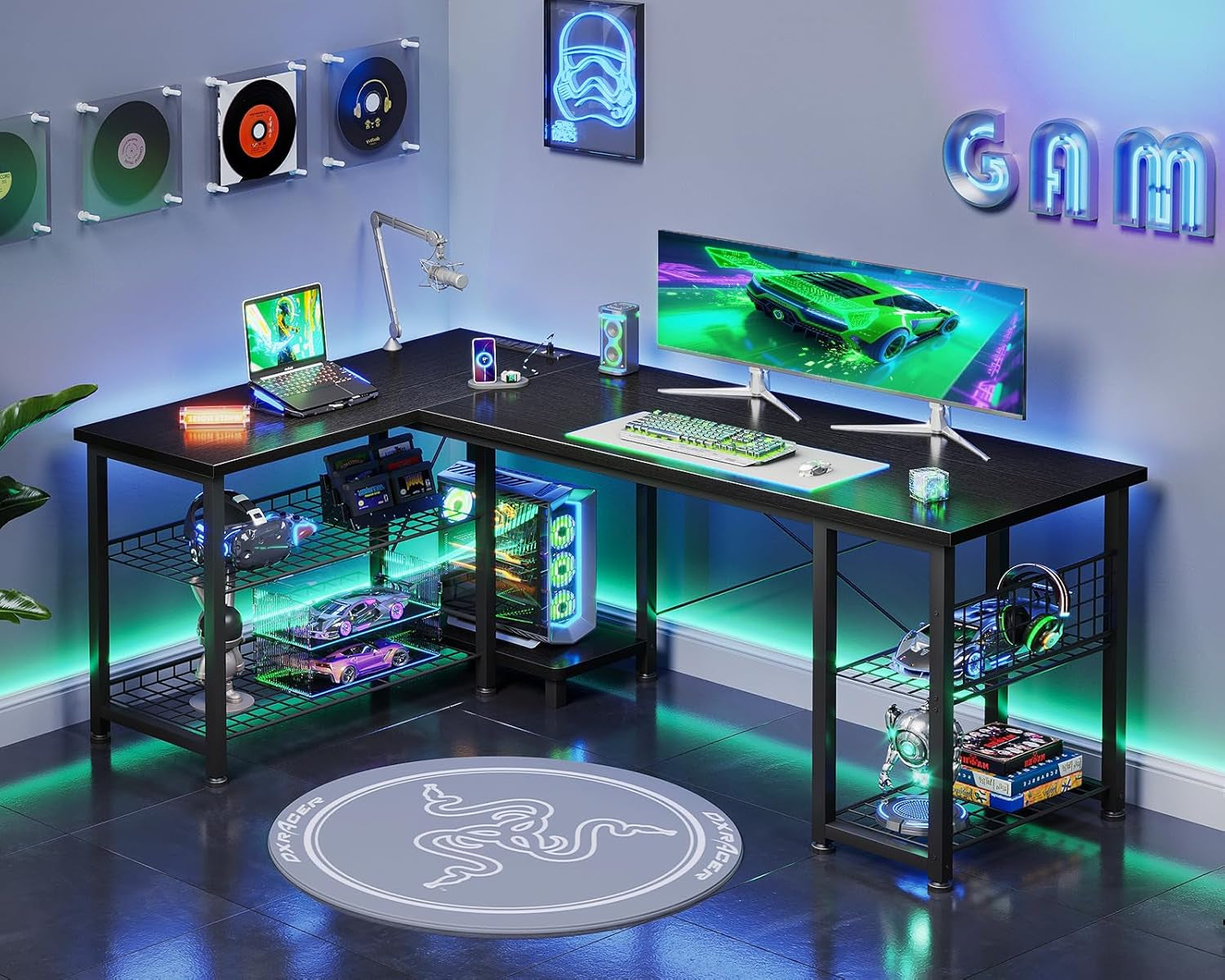 51 Inch L Shaped Gaming Desk with Shelves & Power Outlets, Reversible Computer Desk with Storage Shelves for Home Office, Black