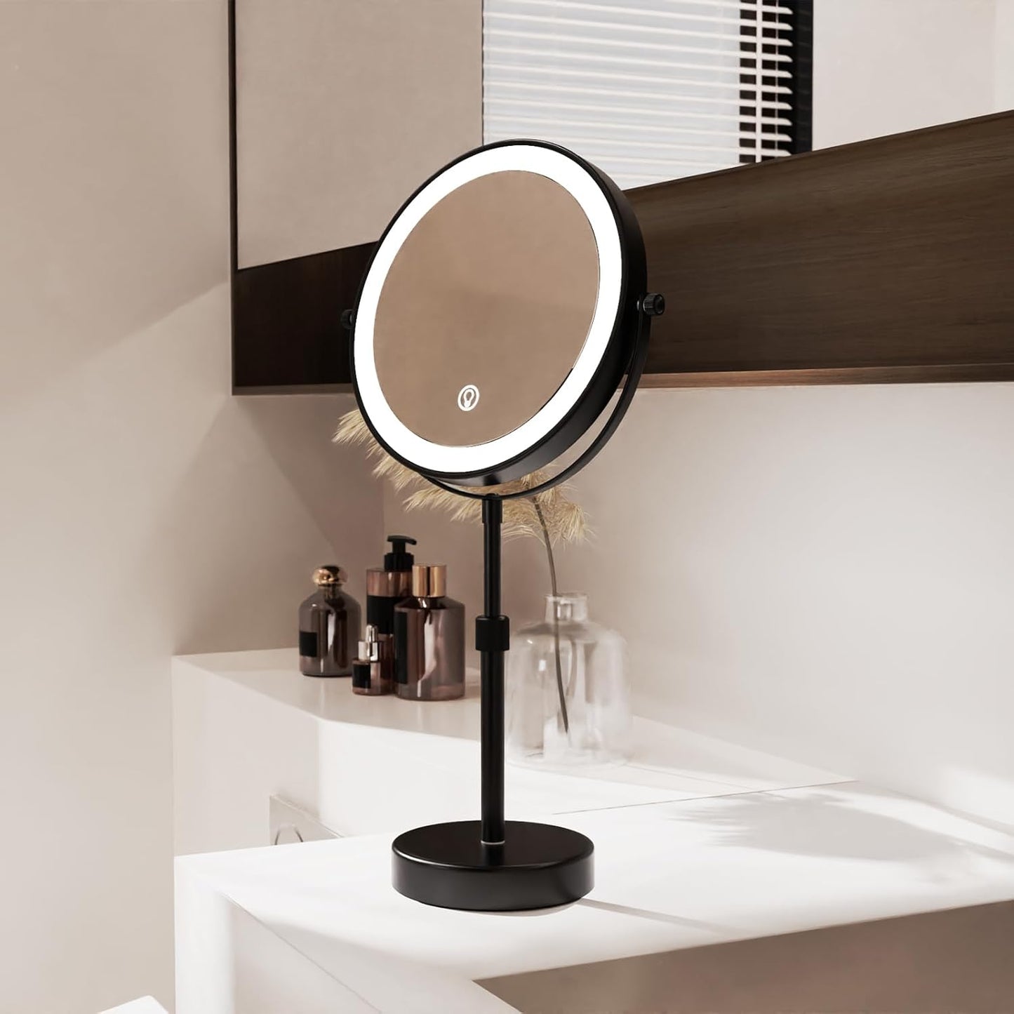 LED Lighted Makeup Mirror Tabletop, 1X/5X Magnifying Mirror with 3 Color Lights, Brightness Adjustable Height Adjustable, Black