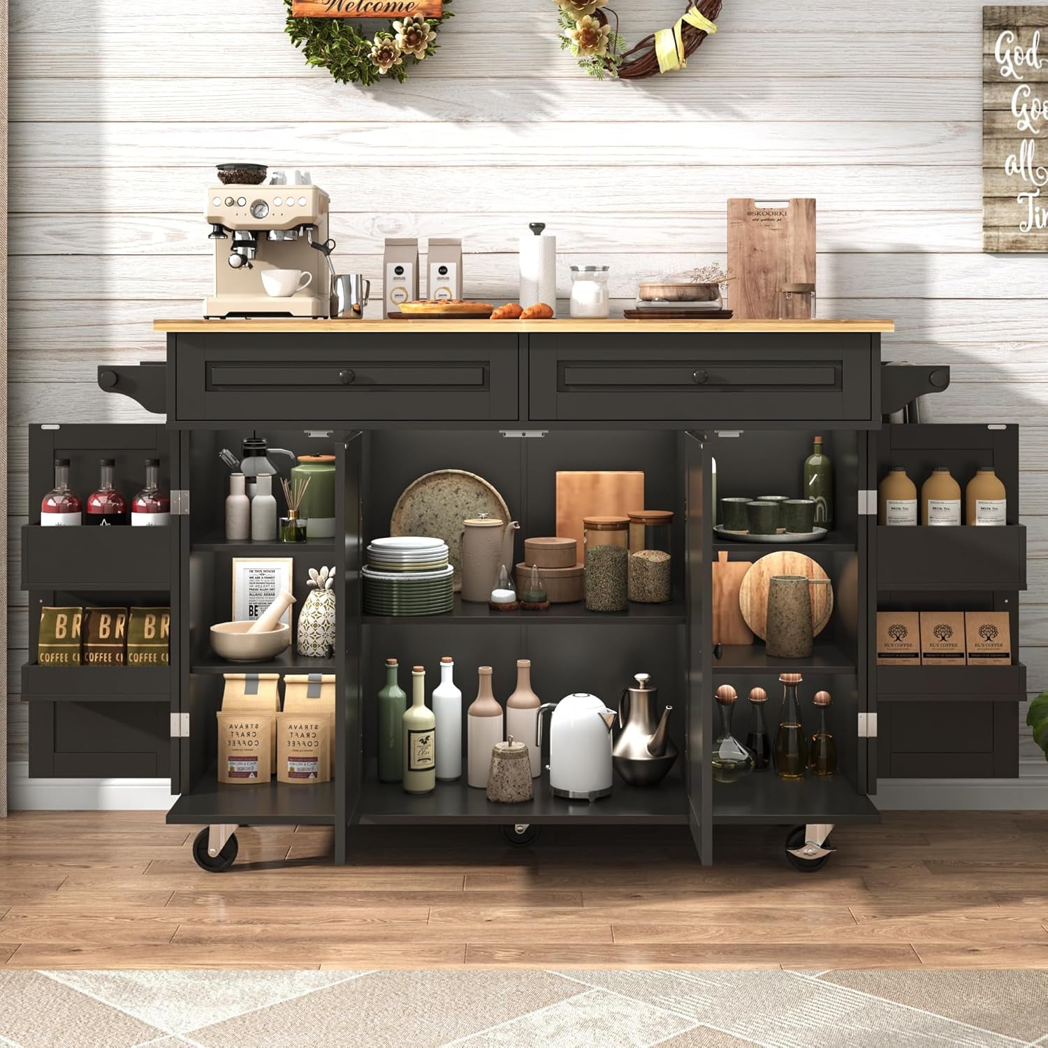 55" W Rolling Kitchen Island with Drop Leaf – Movable Kitchen Carts on Wheels Island with Storage Cabinet, Island Table for Kitchen with Rubber Wood Top and Rack and Drawer, Matte, Black