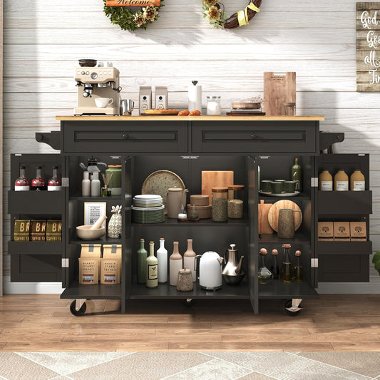 55" W Rolling Kitchen Island with Drop Leaf – Movable Kitchen Carts on Wheels Island with Storage Cabinet, Island Table for Kitchen with Rubber Wood Top and Rack and Drawer, Matte, Black