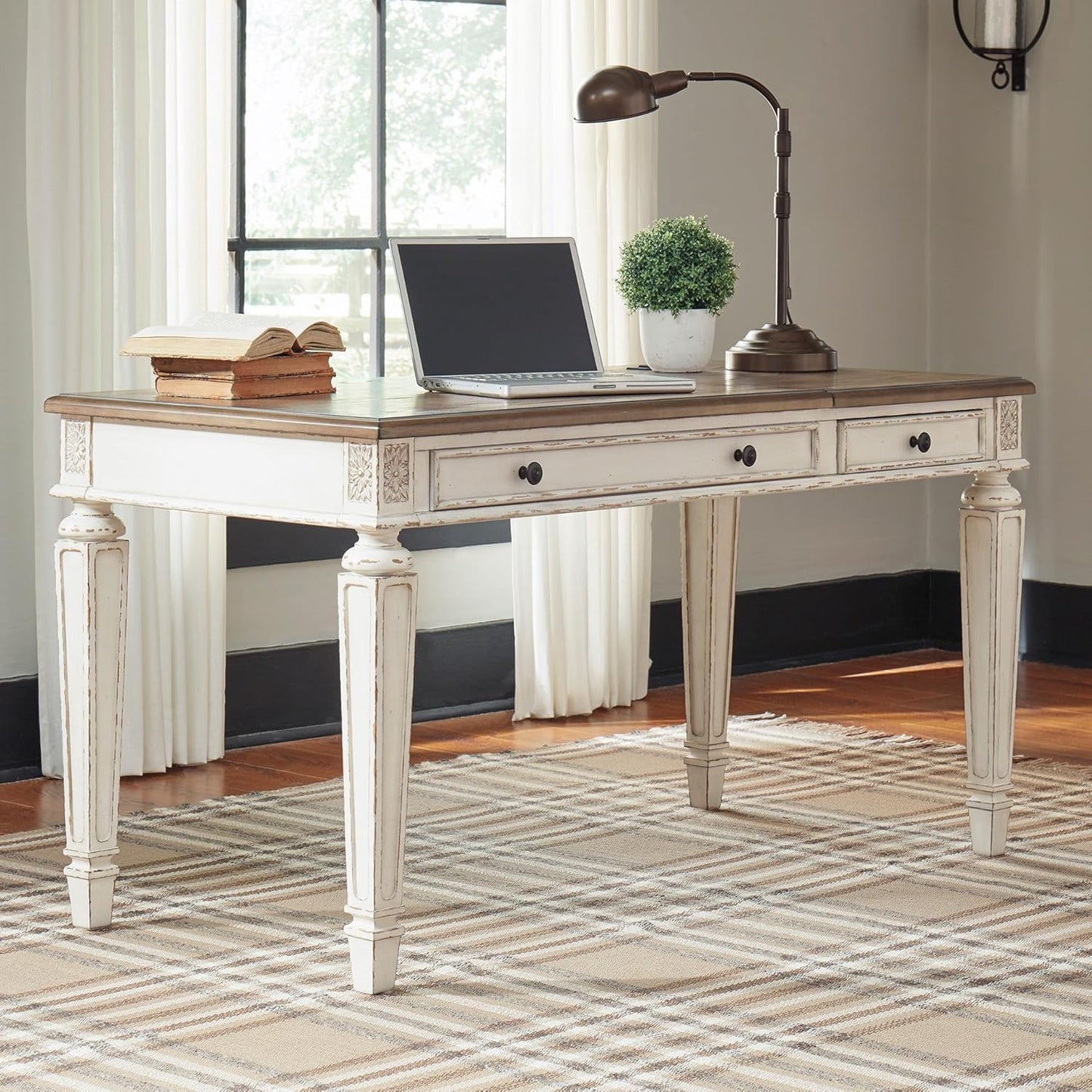 Realyn Home Office Lift Top Desk, USB Charging, Spring Lift Top, Smooth-Gliding Drawer, 60" W X 28" D X 31" H, Chipped White and Brown