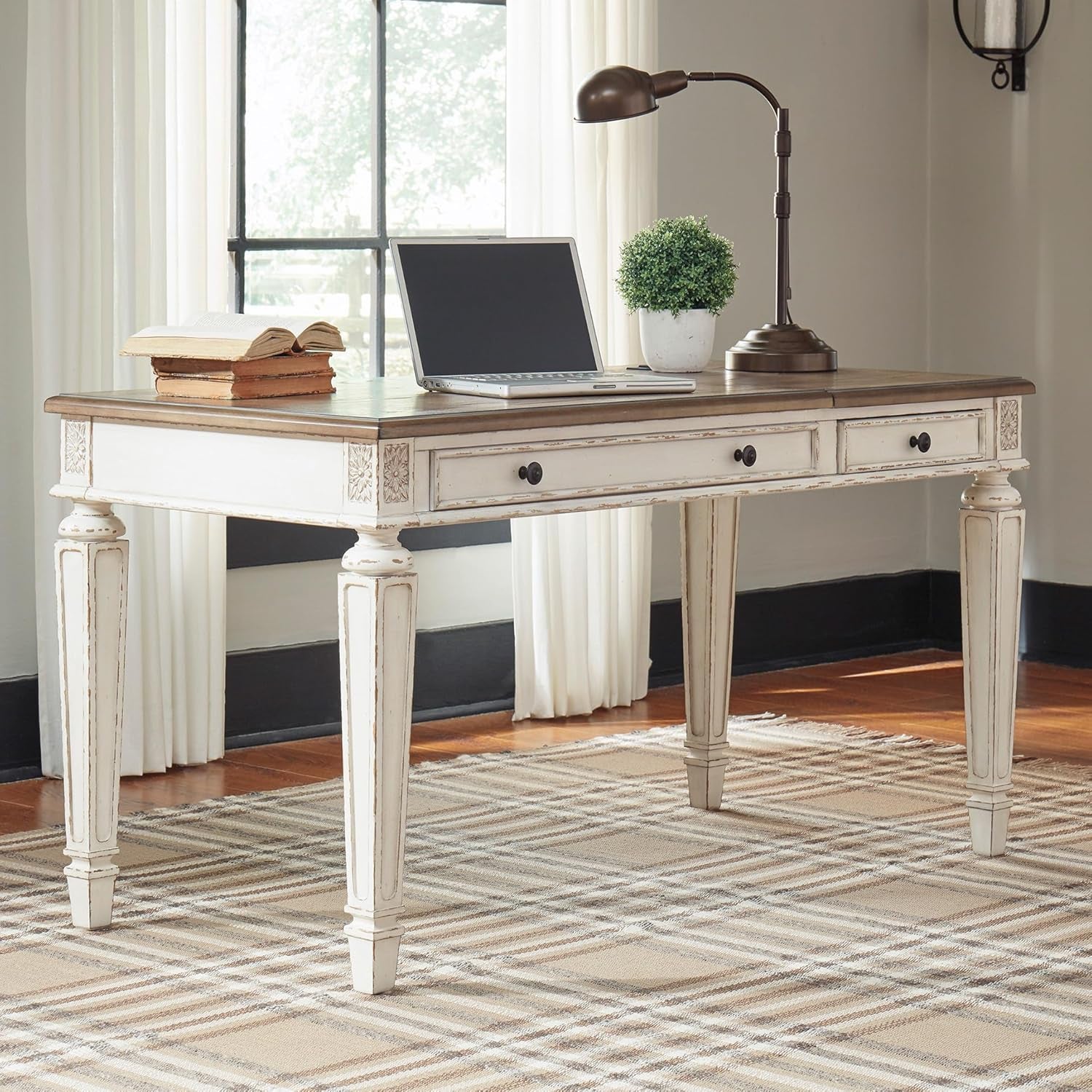 Realyn Home Office Lift Top Desk, USB Charging, Spring Lift Top, Smooth-Gliding Drawer, 60" W X 28" D X 31" H, Chipped White and Brown