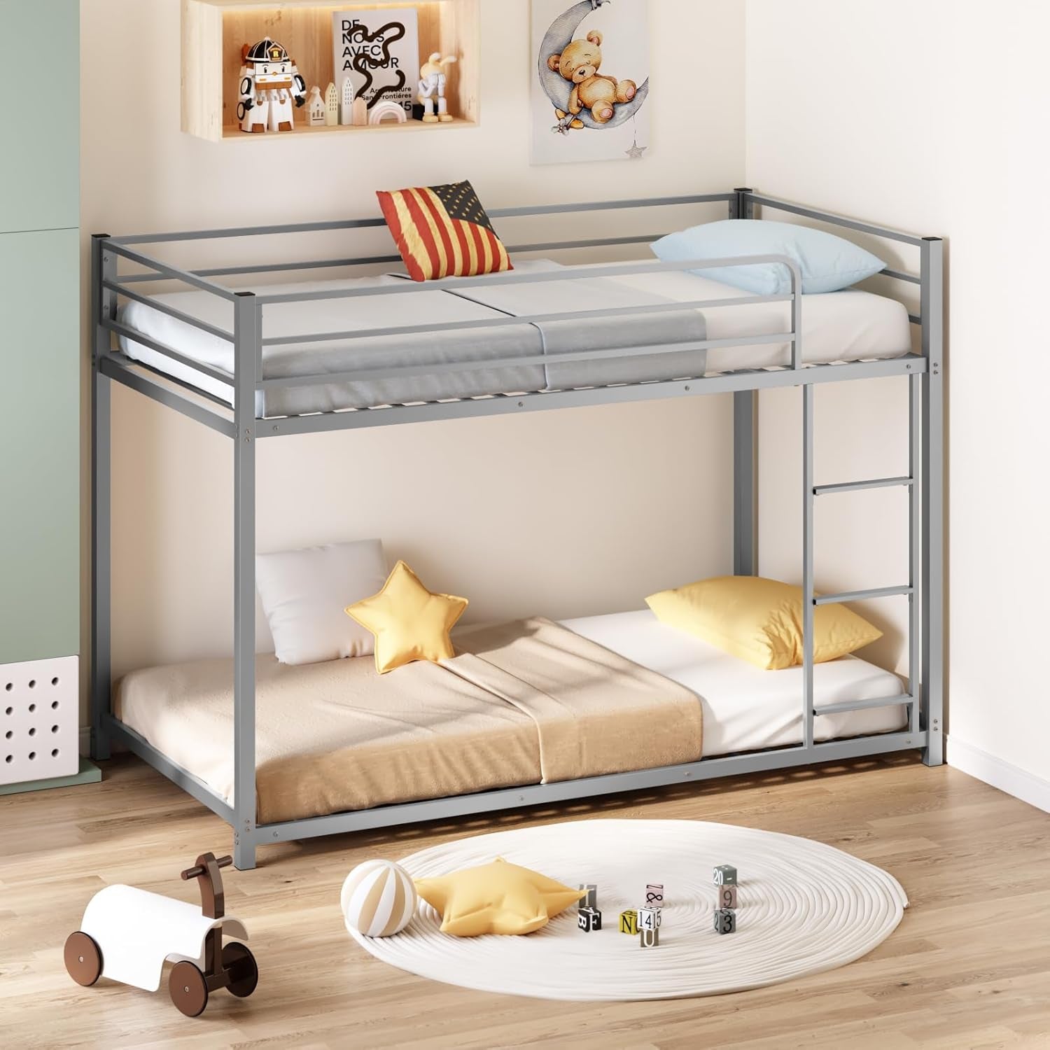 Bunk Bed Twin over Twin, Metal Twin Size Bed Frame with Safety Guardraild for Boys Girls, Junior, Low Profile Space Saving Design, Mattress Not Included (Silver)