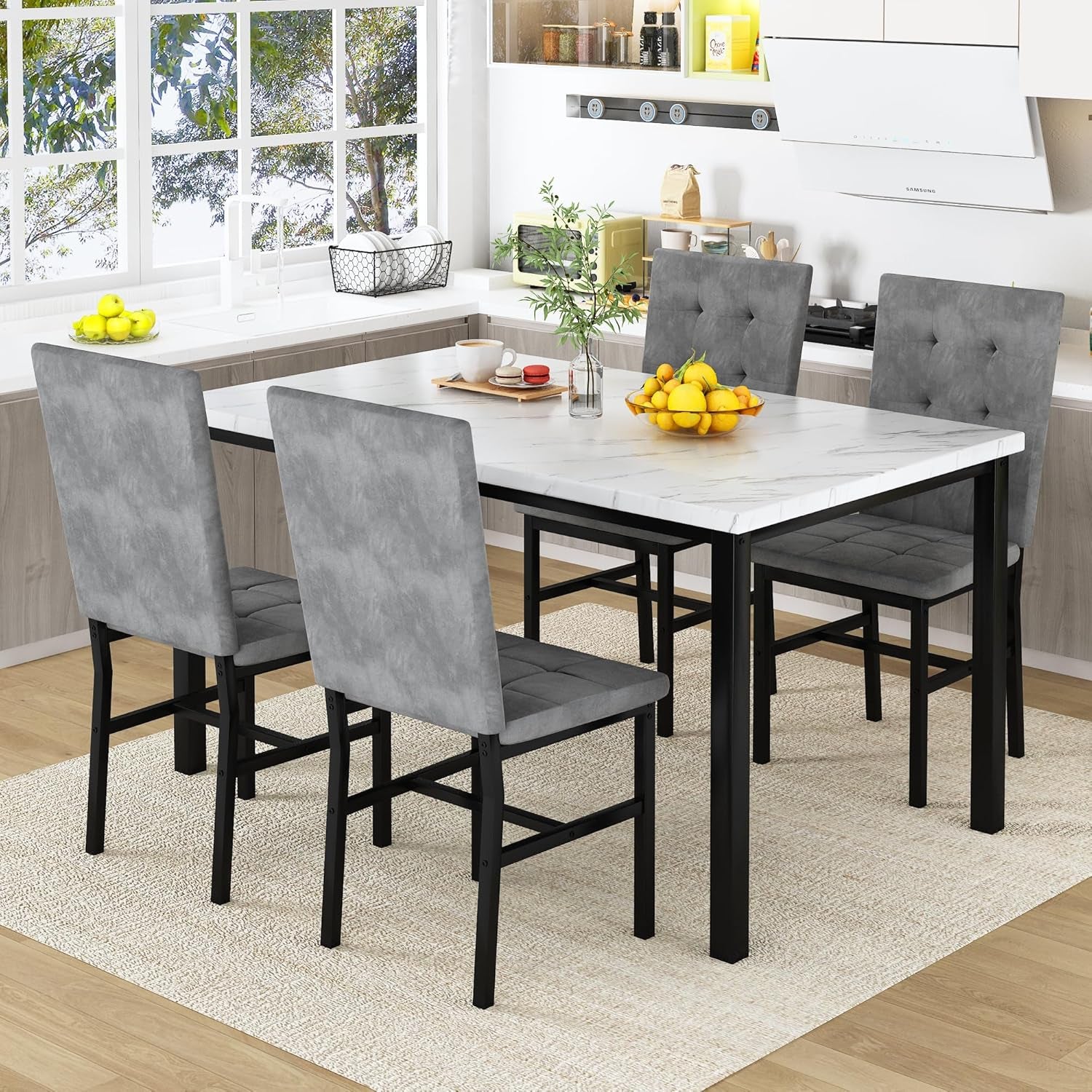 Dining Table Set for 4,Faux Marble Kitchen Table and Chairs Set of 4, Modern Dining Room Set for 4,Dinner Table Set with Velvet Chairs, Dining Set for Small Spaces,White & Grey