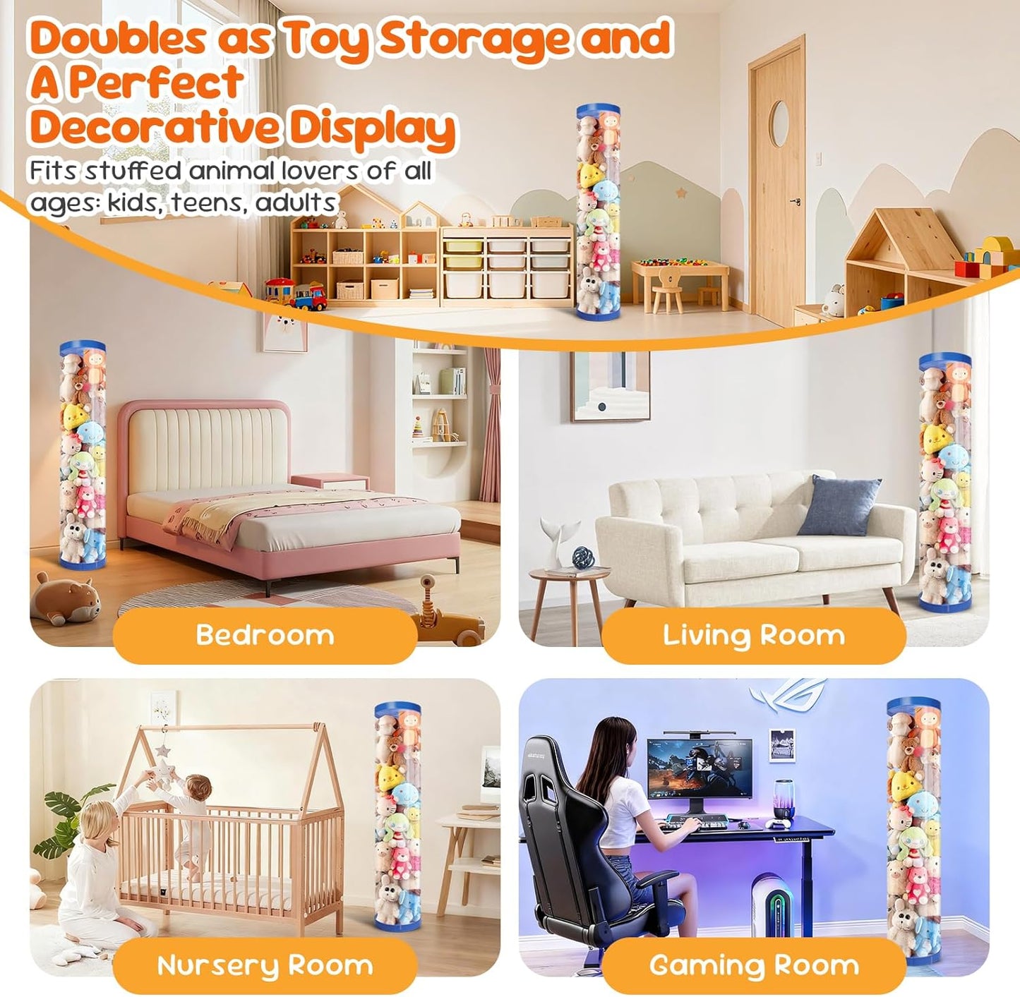 2 Pack Stuffed Animal Storage Tube - Clear 60 Inch Large Vertical Toy Organizer, PET Transparent Display Holder for Plushies, Kids Stuffed Animals Zoo for Playroom, Living Room, Bedroom