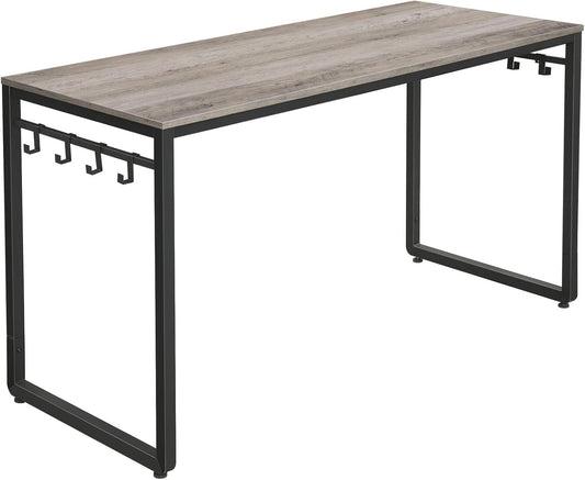 Computer Desk, Office Desk with 8 Hooks, for Study, Home Office, Easy Assembly, Industrial Design, 55.1 X 23.6 X 29.5 Inches, Greige and Black ULWD059B02
