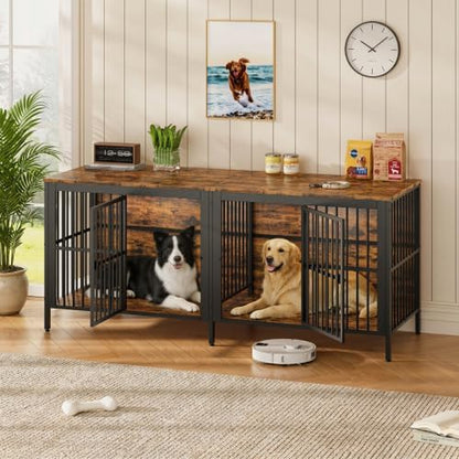 80" Dog Crate End Table, Heavy Duty 2-Door Indoor Pet Kennel, Multipurpose Dog House Furniture as TV Stand or Side Table for Living Room, Large & Medium Dogs.(Rustic Brown) (Rustic Brown)