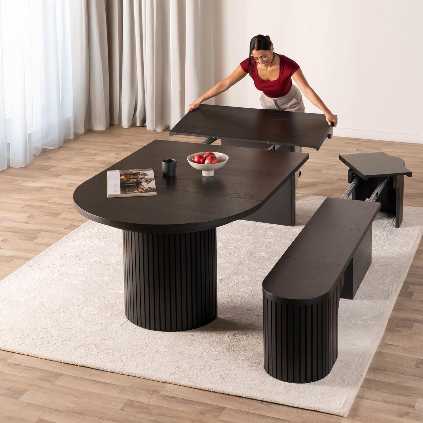 Expandable round Dining Table Set for 4 to 8, Modern Dining Table with Hidden Storage & Dining Bench, Extendable Dining Room Table & Wood Bench for Kitchen and Dining Room Furniture