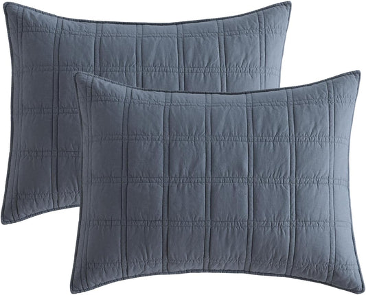 100% Cotton Quilted Pillow Shams King Size, Steel Blue Pre-Washed 2 Pack 20" X 36" Cozy Pillowcases, Breathable Stitching Pillow Cases Cover Decorative for Bed in Geometric Pattern