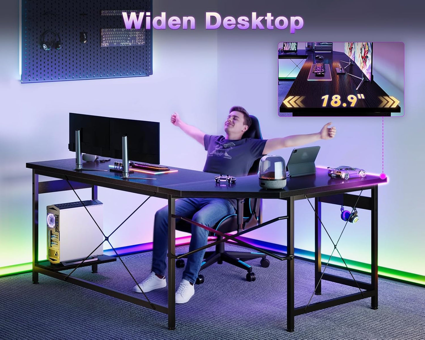 66" L Shaped Gaming Desk, Corner Computer Desk, Sturdy Home Office Computer Table, Writing Desk, Larger Gaming Desk Workstation, Black