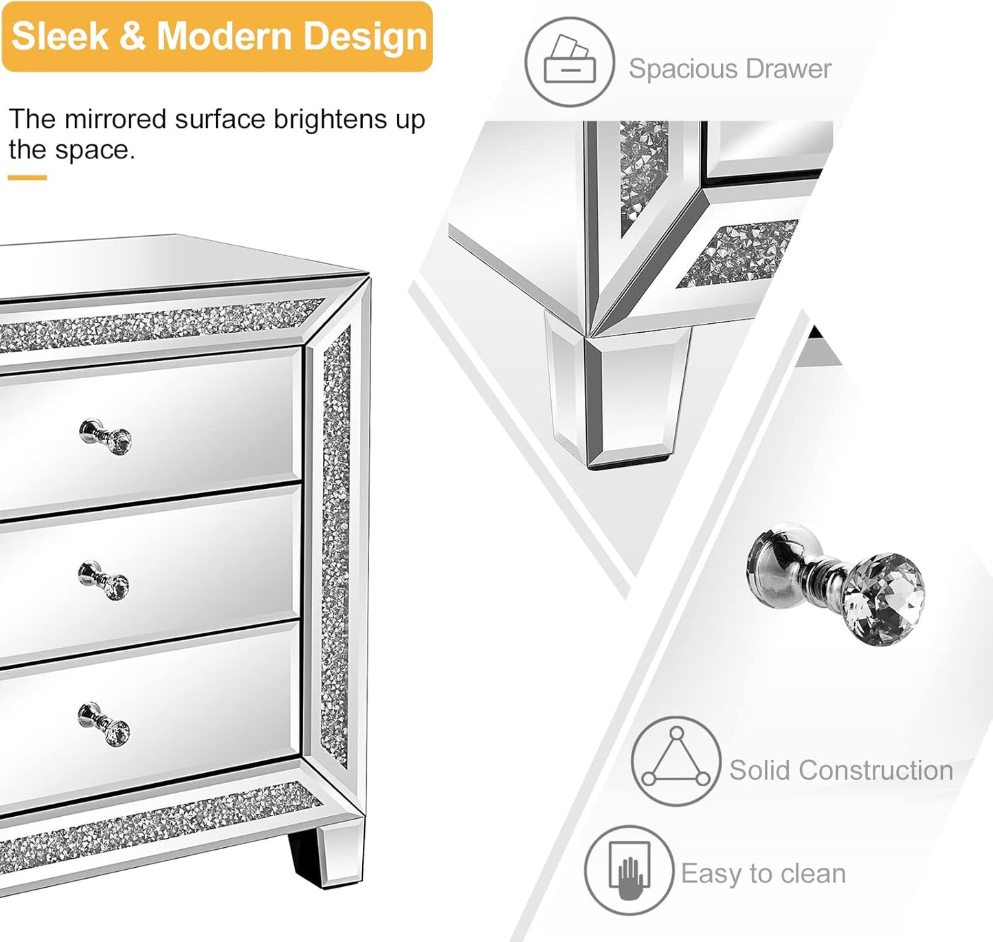 Mirrored Nightstands Set of 2, 23" W Glass Mirror Night Stand Set of 2, Modern Bedside Table 3 Drawer Glass Side End Table Silver Dresser for Bedroom, 23”W X 13.8”D X 24.8”H