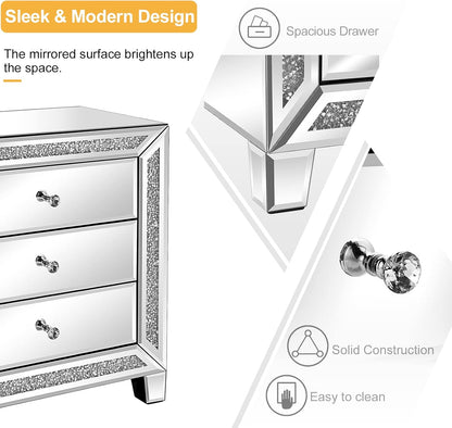 Mirrored Nightstands Set of 2, 23" W Glass Mirror Night Stand Set of 2, Modern Bedside Table 3 Drawer Glass Side End Table Silver Dresser for Bedroom, 23”W X 13.8”D X 24.8”H