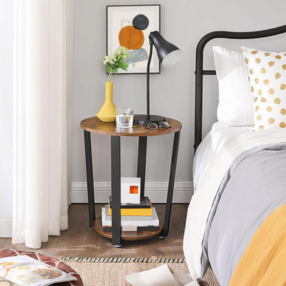 round Side End Table, 2-Tier Accent Bedside Table with Storage Shelf, Easy Assembly, Nightstand for Small Spaces, Living Room, Bedroom, Rustic Brown and Ink Black ULET57X