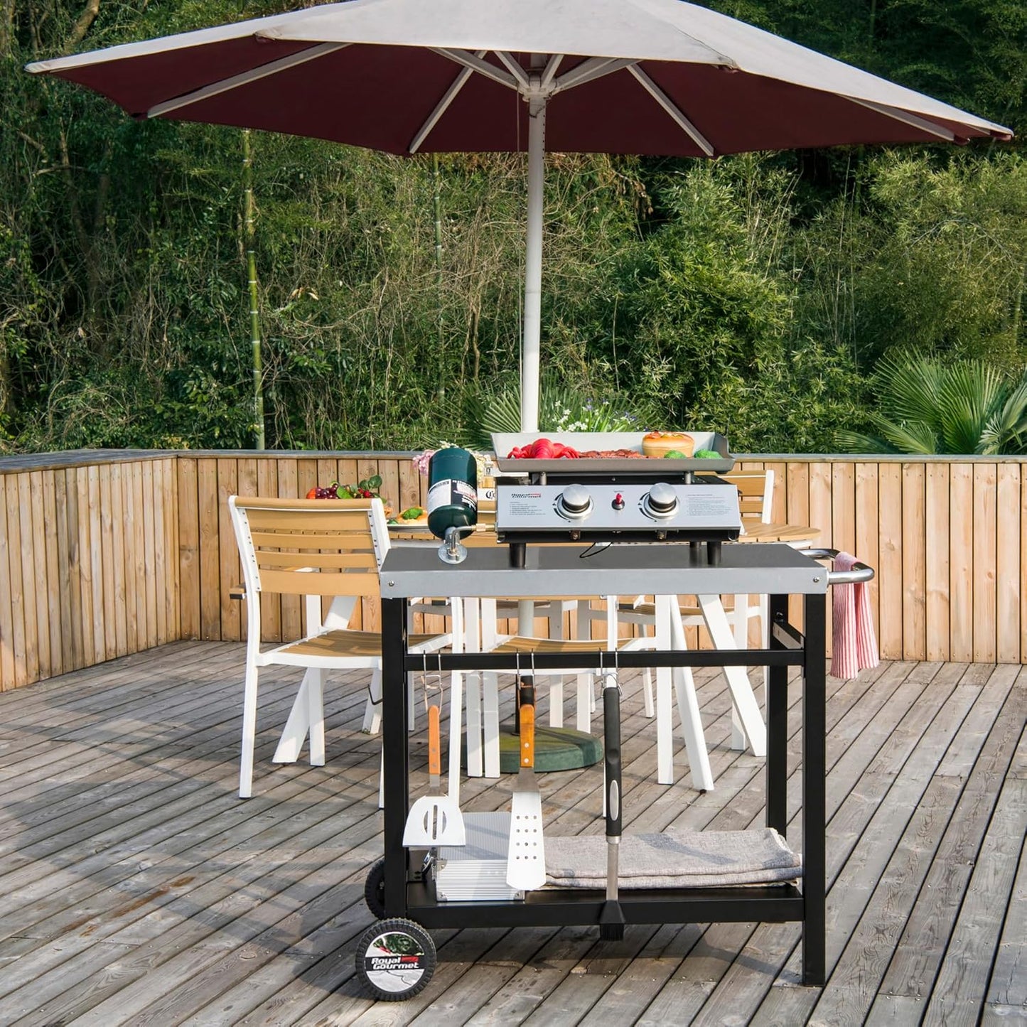 Dining Cart Table with Double-Shelf, Movable Stainless Steel Flattop Grill Cart, Hooks, Side Handle, Multifunctional PC3401S (Silver)