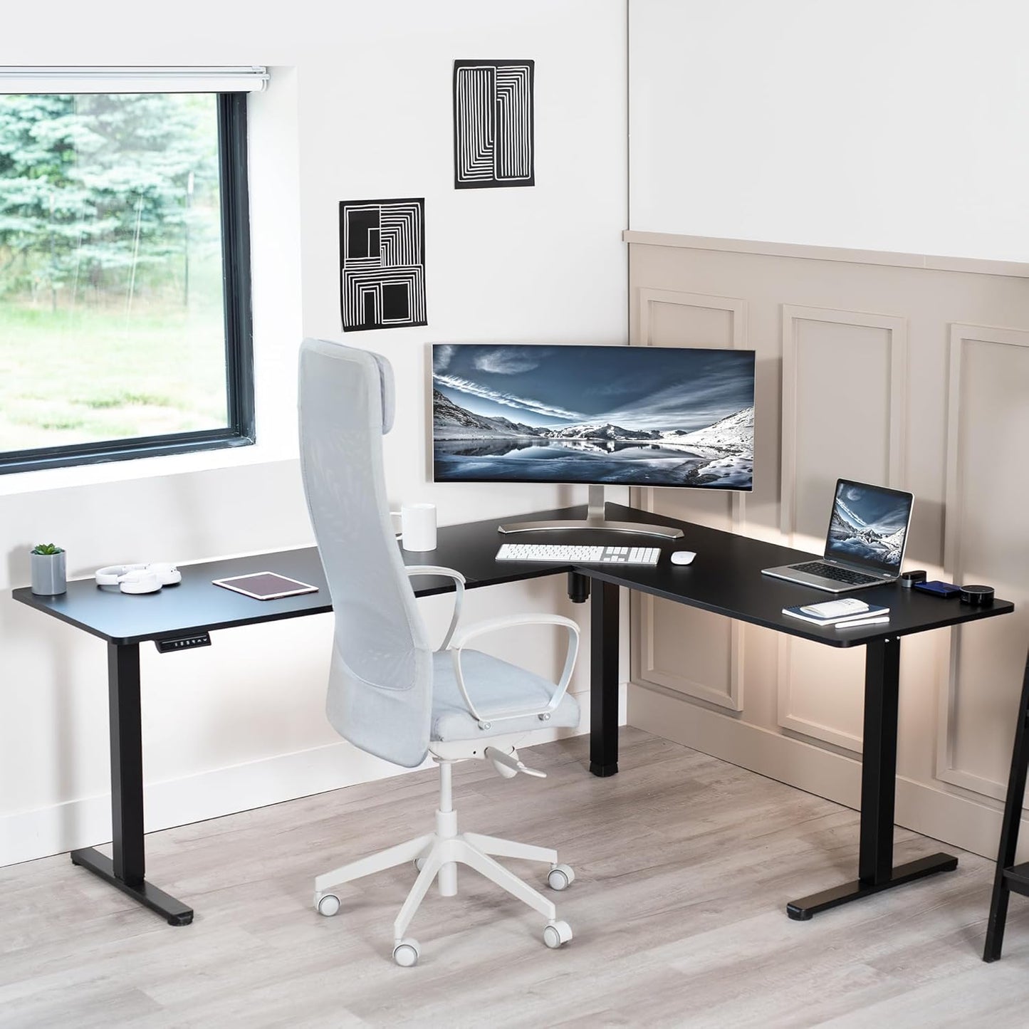Corner Standing Desk, 75 X 63 Inch Reversible L-Shaped Workstation, Electric Height Adjustment, Home, Office, and Reception Rooms, Black Table Top Black Frame, DESK-E3CTB-75