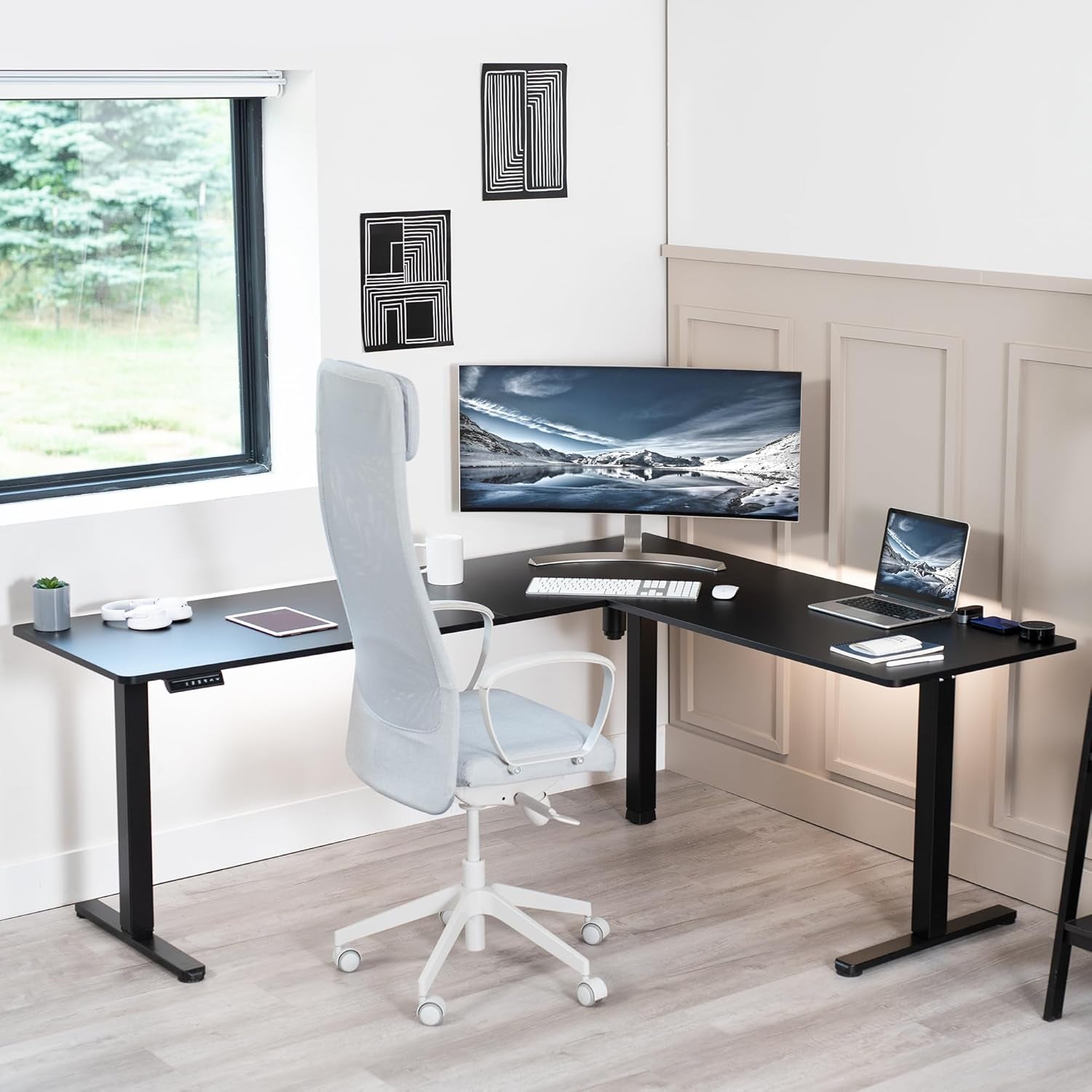Corner Standing Desk, 75 X 63 Inch Reversible L-Shaped Workstation, Electric Height Adjustment, Home, Office, and Reception Rooms, Black Table Top Black Frame, DESK-E3CTB-75