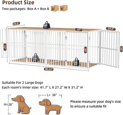 86.7" Double Dog Crate Furniture for 2 Large Dogs, Heavy Duty Wooden Dog Kennel with Removable Divider, XXL Dog Cage TV Stand End Table with 4 Doors, Double Locks for Each Door, White/Natural