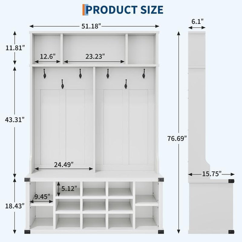 Hall Tree with Bench and Shoe Storage, 4-In-1 Tall Wood Farmhouse Entryway Bench Coat Rack, Adjustable Shelf, Open Mudroom with Metal Corner Protect, 5 Tri-Hooks for Hallway, Bedroom, White