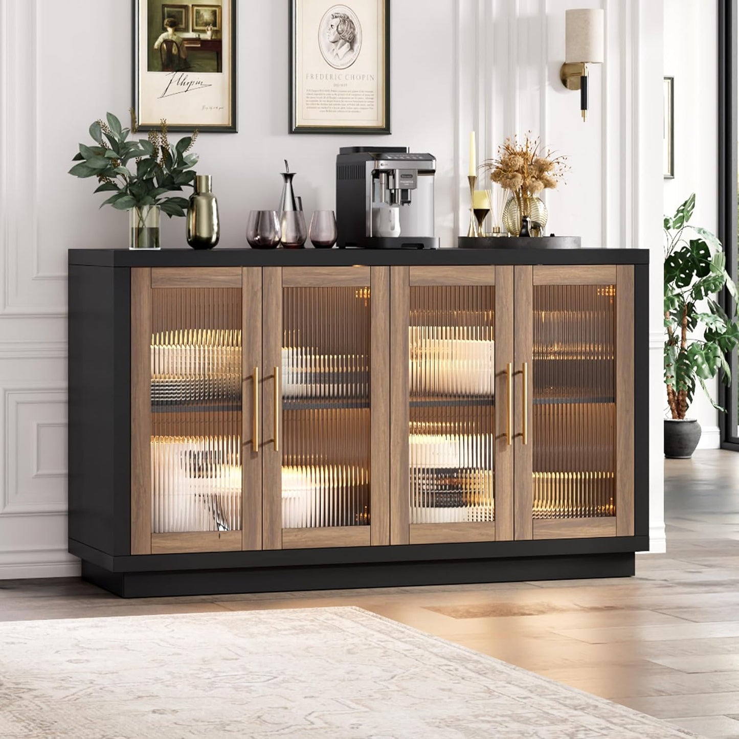 Buffet Cabinet with Storage, 55.1" Large Sideboard Buffet Table, Modern Sideboard Kitchen Cabinet with 4 Fluted Glass Doors, Wood Coffee Ba for Kitchen Dining Room, Black/Brown