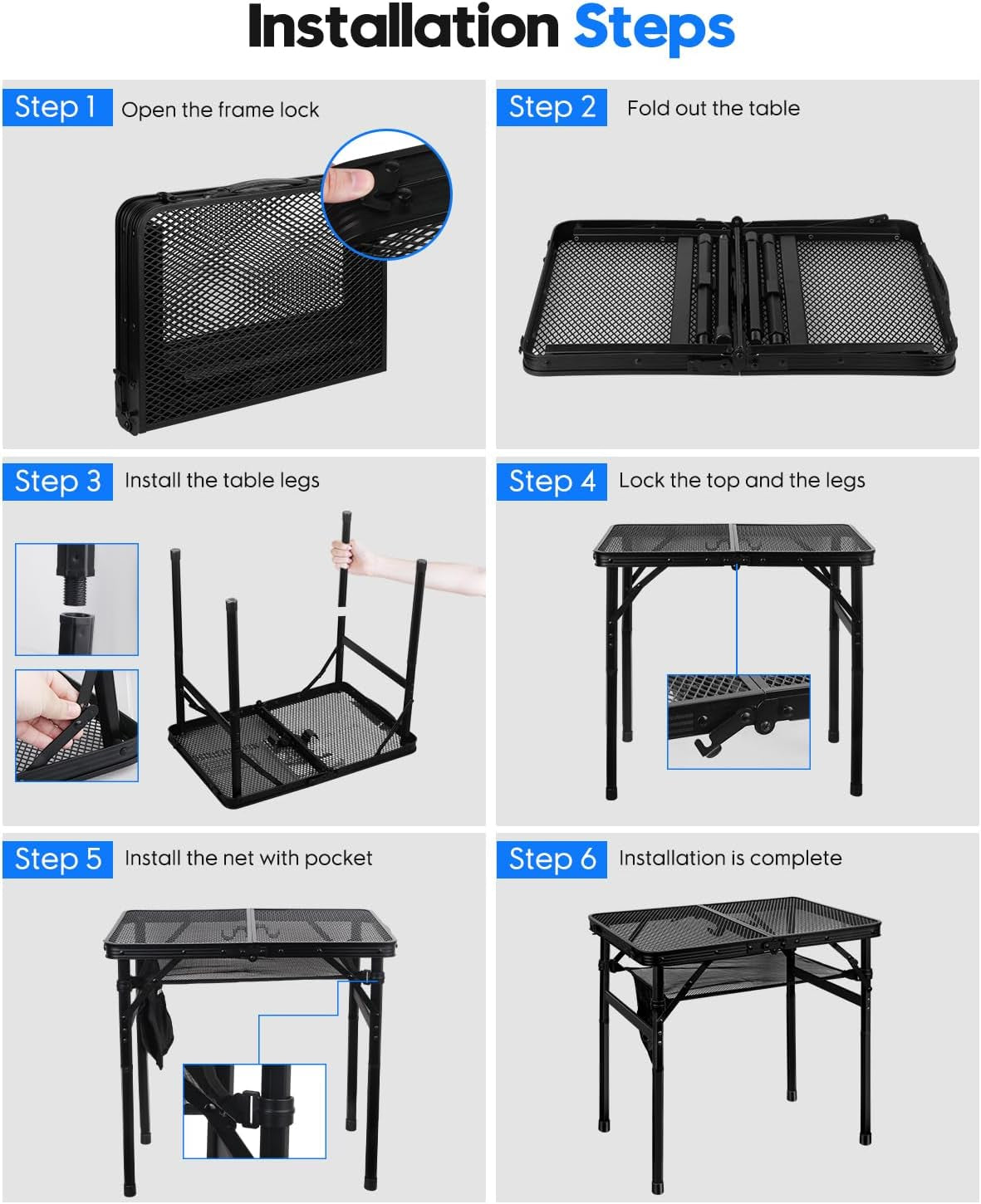 Folding Grill Table, Height Adjustable Aluminum Table with Mesh Desktop and Mesh Bag, Portable Grill Table for Outdoor Camping, Picnic, Patio, Dining, BBQ, Party, Black, 23.6×15.7 Inch