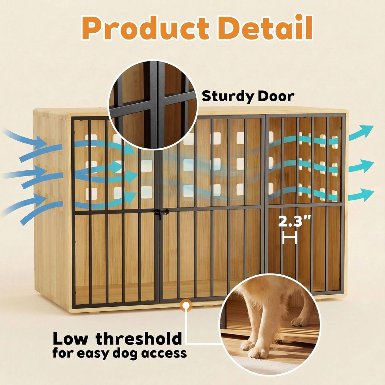 Extra Large Dog Crate Furniture, 47.2 Inches Wooden Dog Crates for Medium & Large, Decorative Kennel Indoor with Lockable Door, Heavy Duty Pet Crate Side Tbale for Living Room, Natural