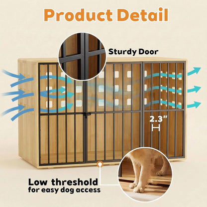 Extra Large Dog Crate Furniture, 47.2 Inches Wooden Dog Crates for Medium & Large, Decorative Kennel Indoor with Lockable Door, Heavy Duty Pet Crate Side Tbale for Living Room, Natural