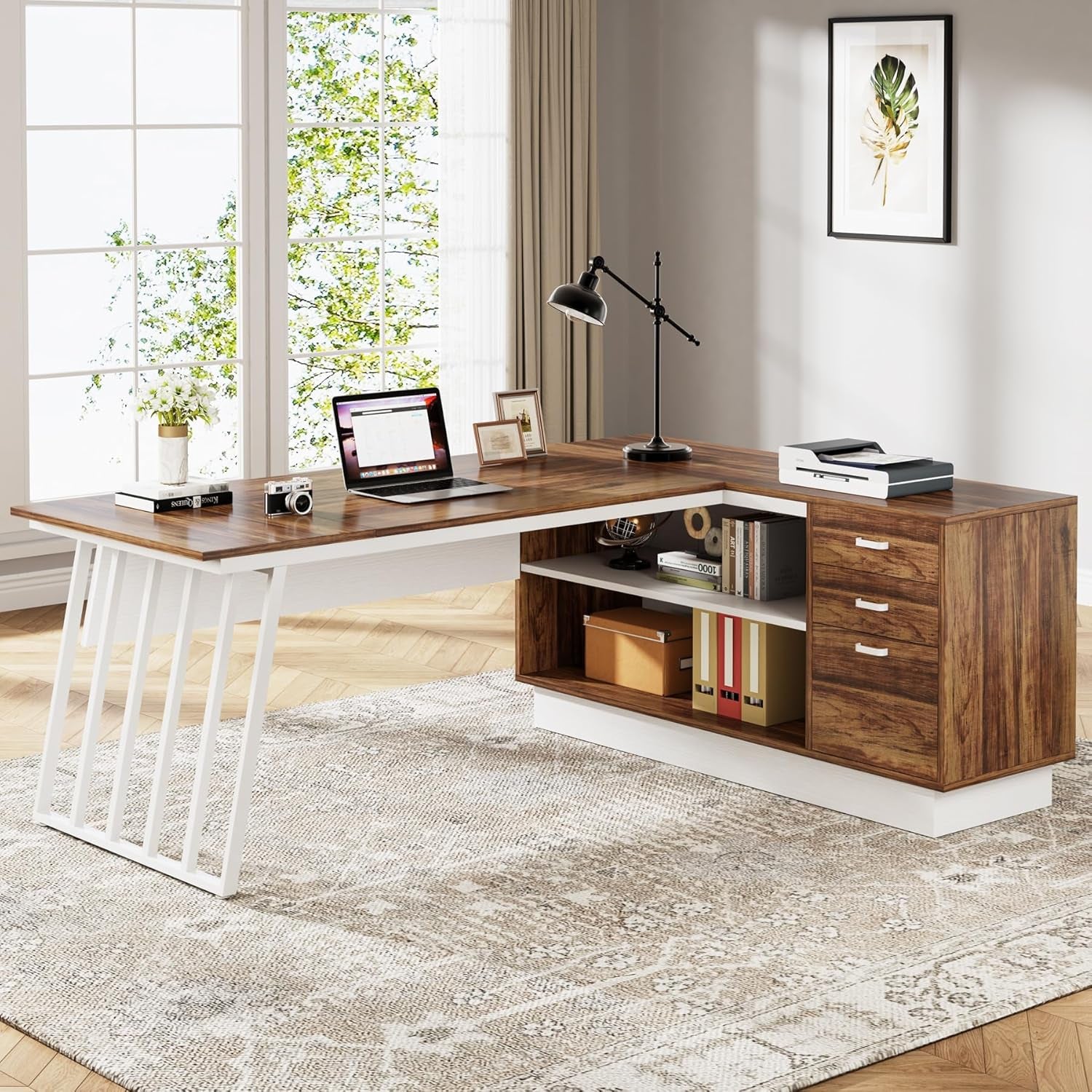71-Inch Executive Desk, L-Shaped Desk with Cabinet, Large Office Desk with Drawers and Storage Shelves, Writing Table Computer Desk for Home Office, Brown and White