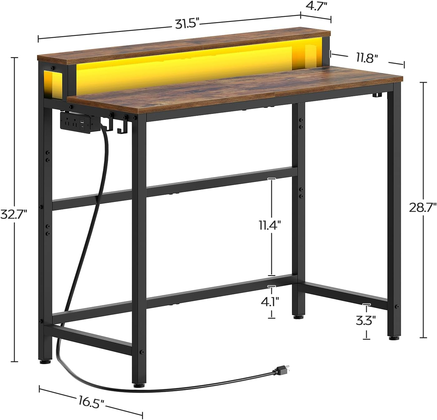Small Computer Desk with Charging Station and LED Lights, Gaming Desk with Monitor Stand, 2-Tier Home Office Desk with 4 Side Hooks, for Living Room, Home Office, Rustic Brown DN01UDBRY2