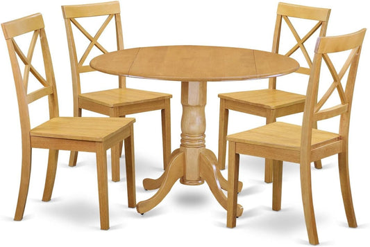 DLBO5-OAK-W 5 Piece Dining Set Includes a round Dining Room Table with Dropleaf and 4 Kitchen Chairs, 42X42 Inch, Oak
