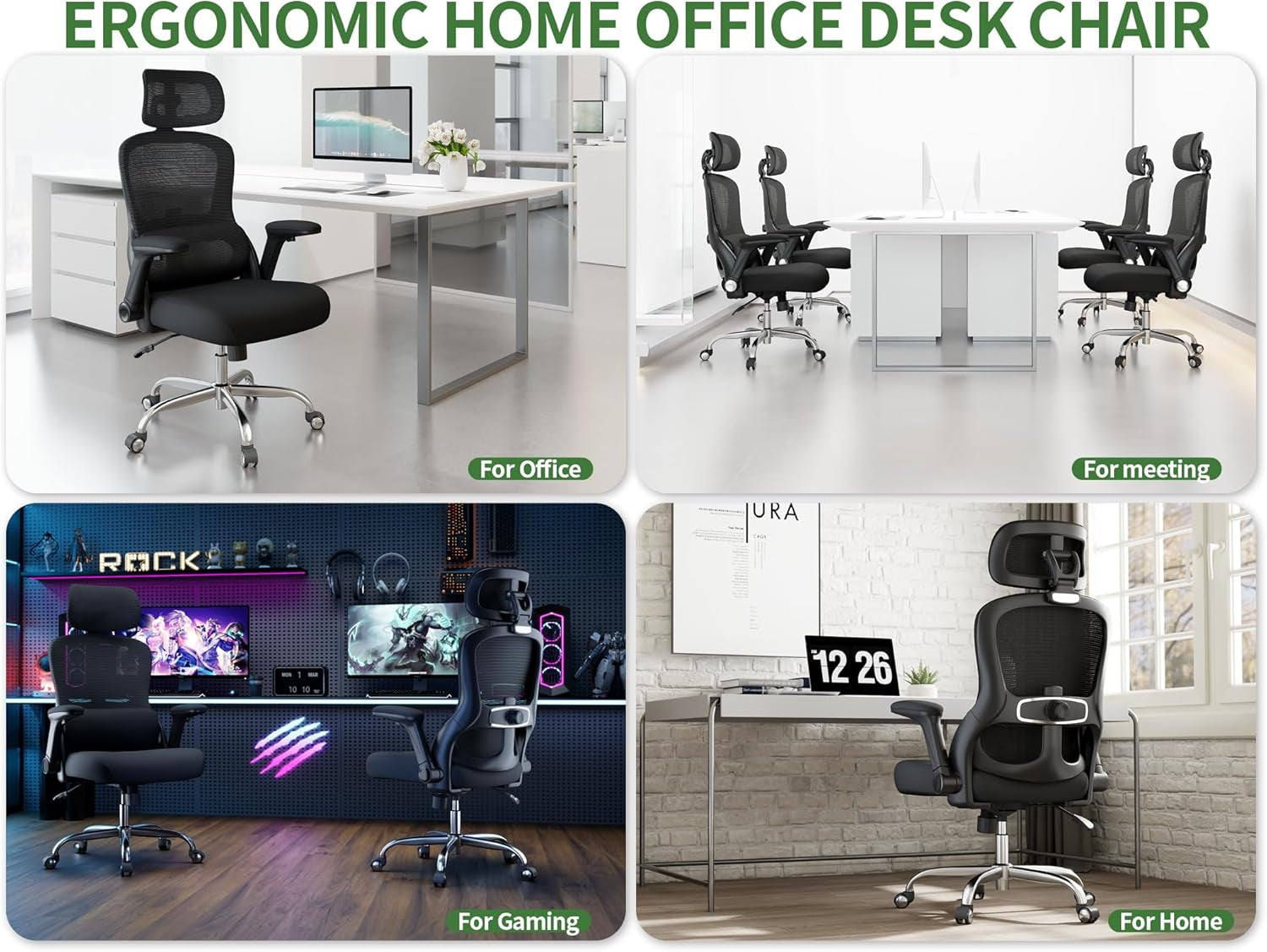 Ergonomic Office Chair - Computer Desk Chair with Adjustable Lumbar Support - 400Lbs Executive Desk Chair High Back with Headrest Flip-Up Arms for Long Hours, Rolling Chair (White Black)