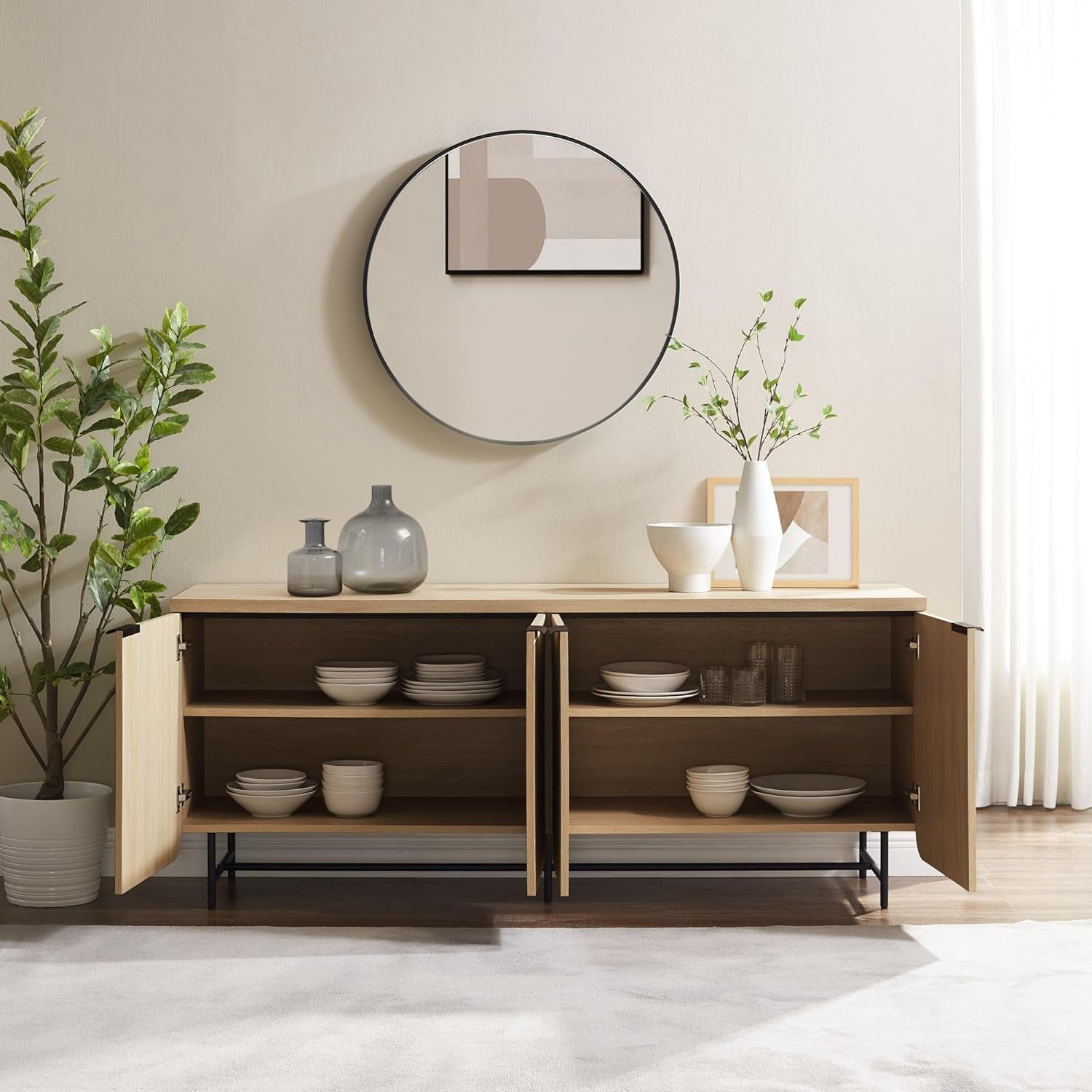 Reema Fluted 4-Door Kitchen Sideboard Buffet Console, 69 Inch, Coastal Oak