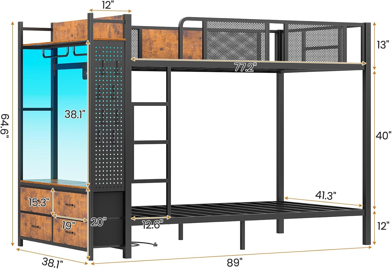 Metal Bunk Bed Twin over Twin with Hall Tree, Power Outlet, LED Bunk Bed with 4 Storage Drawers, Bed with Safety Guardrail & Ladders, No Box Spring Needed, Easy Assembly, Rustic Brown