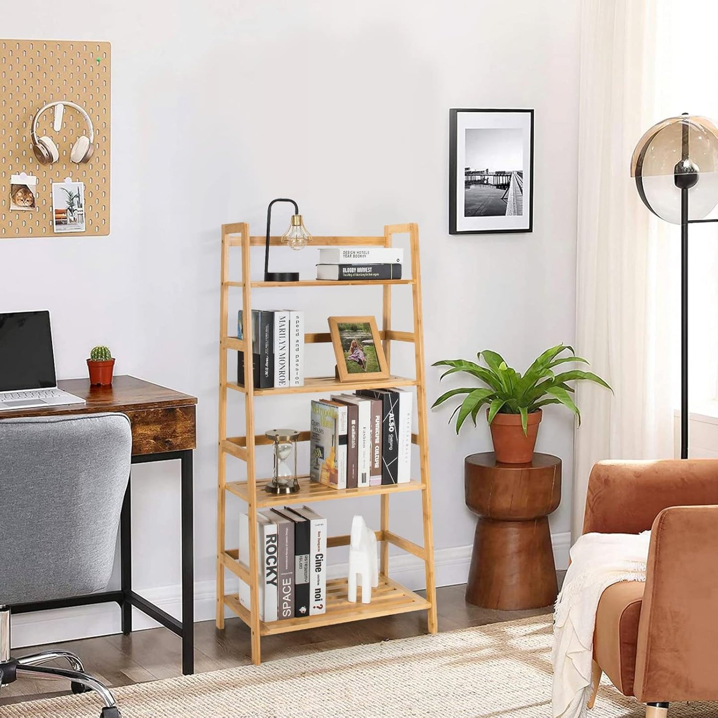 Ladder Shelf, 4 Tier Bamboo Ladder Bookshelf, 48’’ Tall Freestanding Bookcase Storage Rack Plant Stand for Living Room, Balcony, Office, Bedroom, Farmhouse Wooden Ladder Bookshelf, Natural