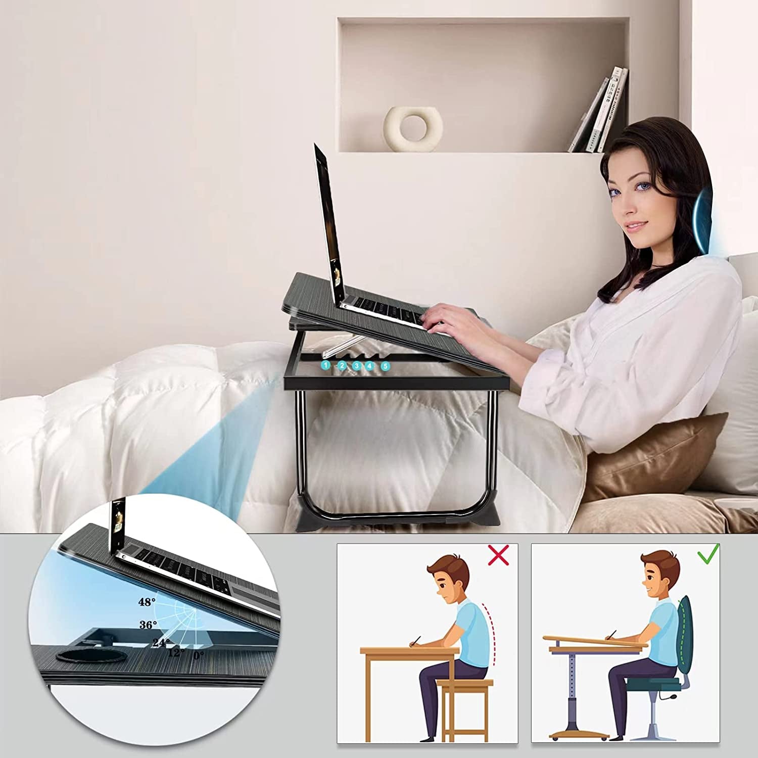 Laptop Desk for Bed Couch,Lap Desk for Laptop,Portable Laptop Stand for Desk,Small Adjustable Laptop Desk,Foldable Bed Table for Laptops and Writing, Bed Tray Table with Cup Holder(Black)