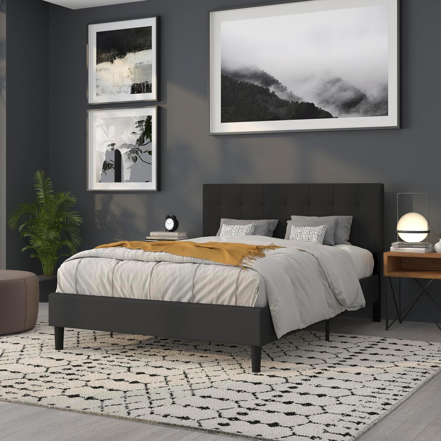 Quilted Tufted Upholstered Queen Size Headboard in Black Fabric