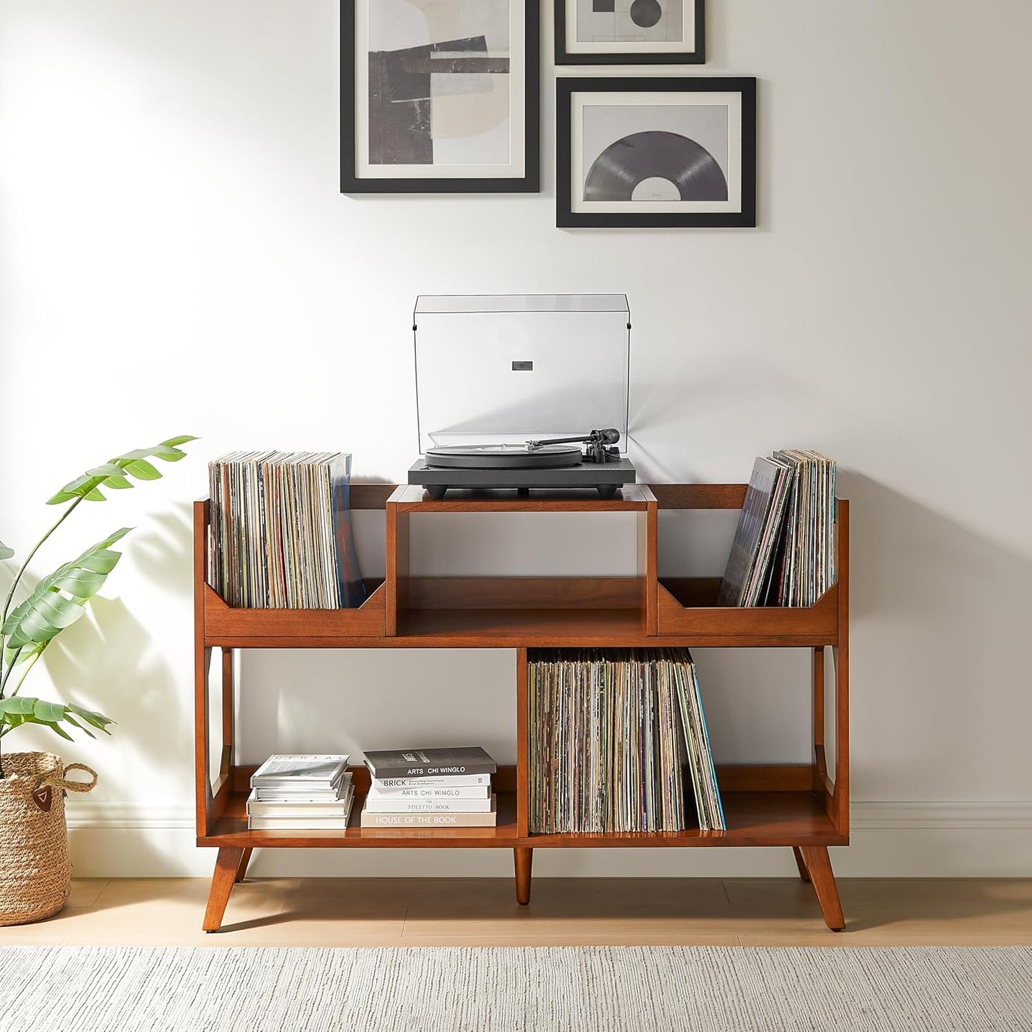 Asheville Mid-Century Modern Media Console Record Player Stand, Storage for Vinyl Records, Large, Walnut