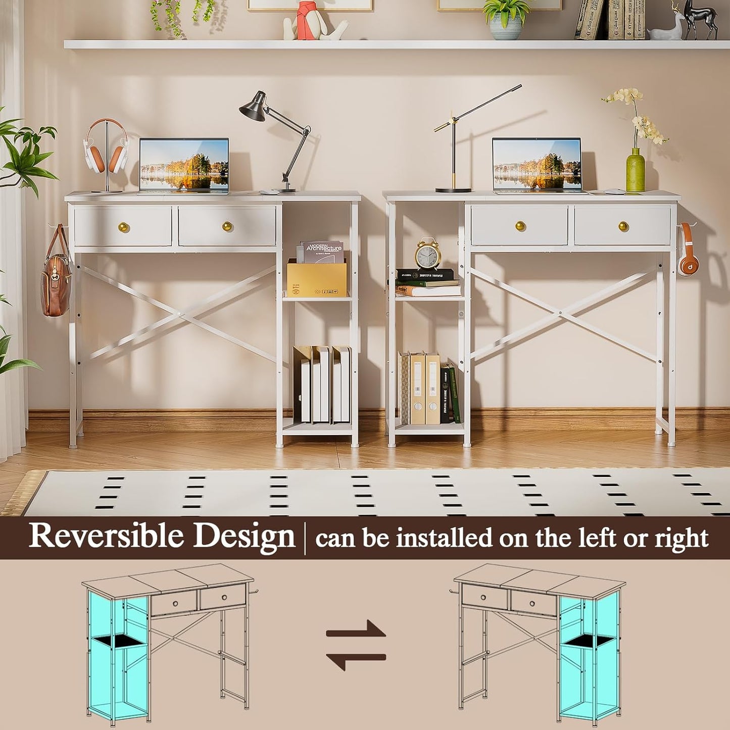 White Computer Desk, 36 Inch Small Desk with Drawers, Home Office Desk with Storage Shelves for Bedroom, Living Room, Dorm, Vanity Desk for Small Spaces, White