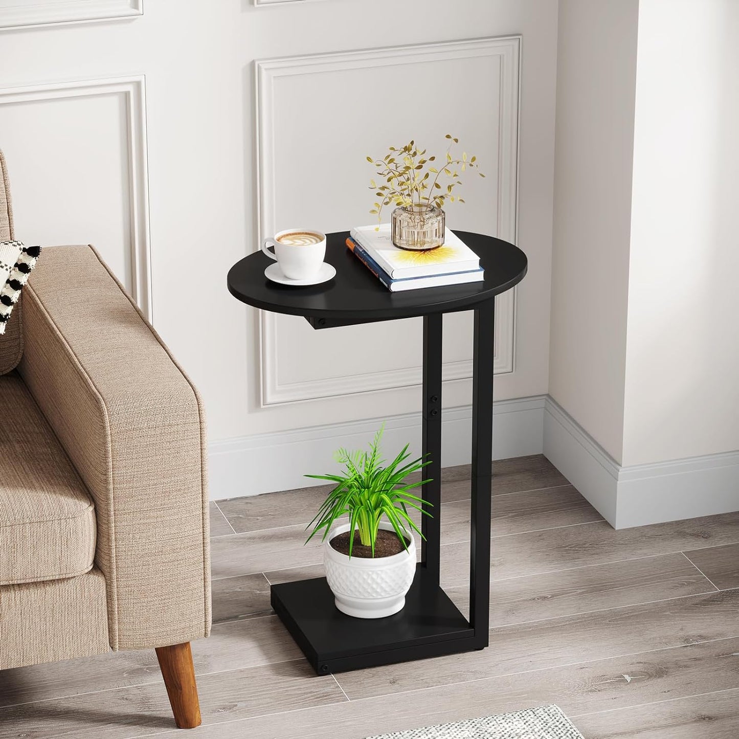 Small Side Table End Table, C-Shaped Wood Coffee Table TV Tray for Eating Couch Tables for Small Space, Living Room, (Black)