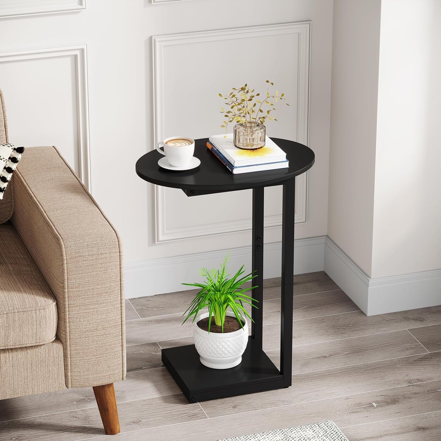Small Side Table End Table, C-Shaped Wood Coffee Table TV Tray for Eating Couch Tables for Small Space, Living Room, (Black)