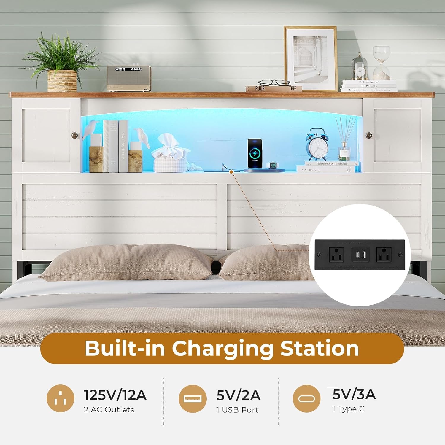 Farmhouse Bed Frame Full Size with Bookcase and Storage Cabinets Headboard, Wood Platform Bed with LED Lights, Charging Station, 4 Drawers, Decoration Footboard, No Box Spring Needed, White