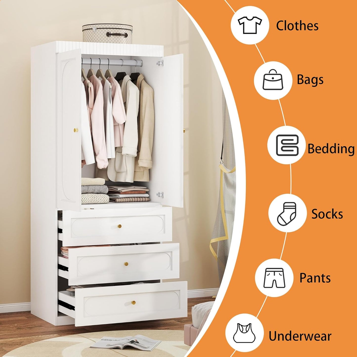 Wooden Wardrobe Closet with Doors: 75" Tall White Armoire Wardrobe Closet with 3 Drawers and 2 Doors, Modern Clothes Cabinets for Bedroom Armoires with Hanging Rod (3-Drawers, 31.5")