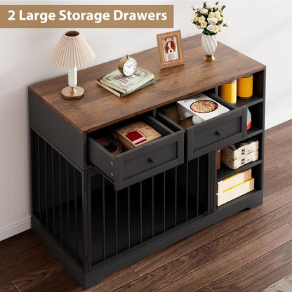 82” Large Dog Crate for 2 Dogs, Dog Kennel Indoor with 4 Drawers and Shelves, Double Dog Crate Furniture TV Stand, Wooden Dog Cage for Medium Large Dogs, Brown