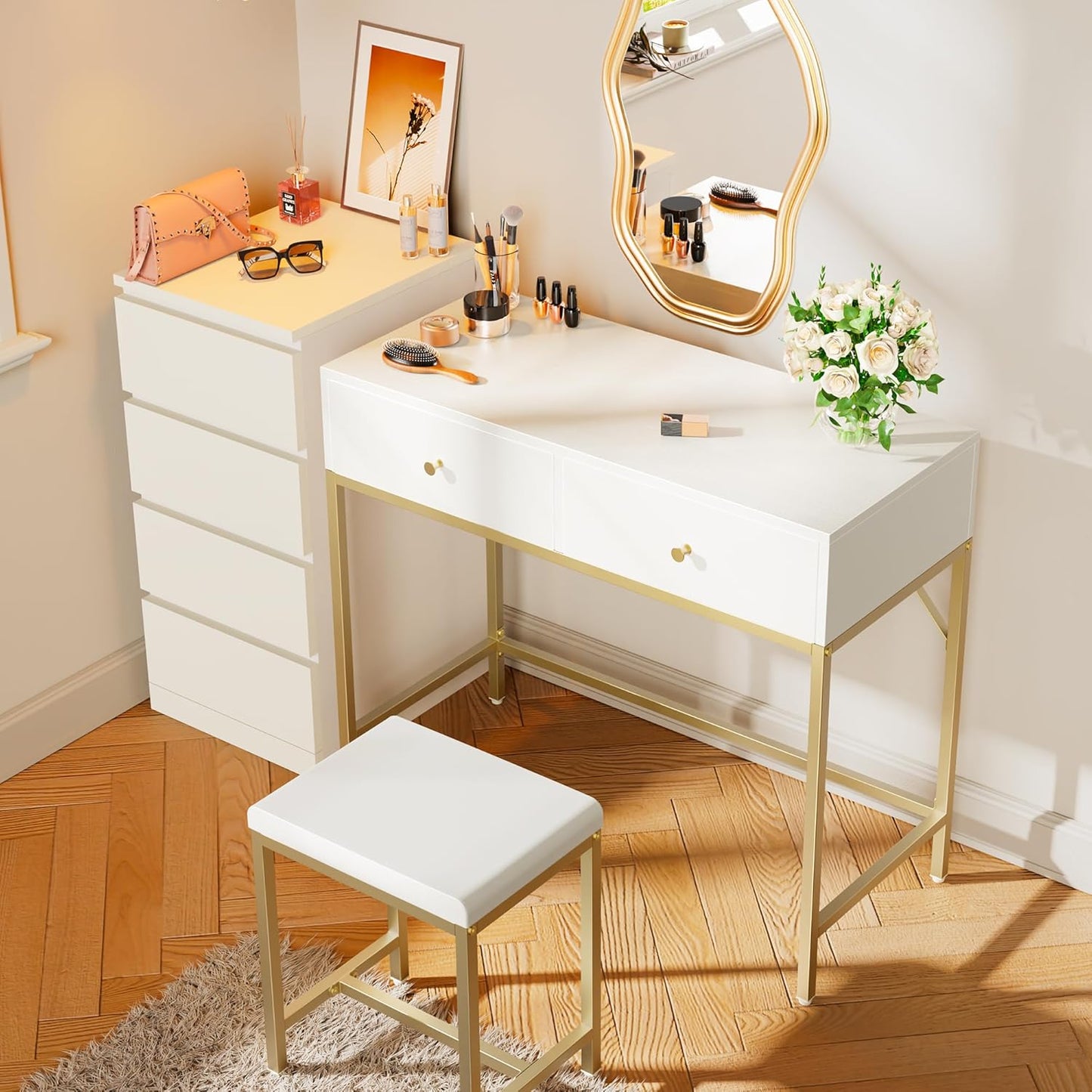 35.4" White and Gold Desk with 2 Drawers, Modern Makeup Vanity with Padded Stool, Small Computer Desk Home Office Desk for Writing Study Bedroom