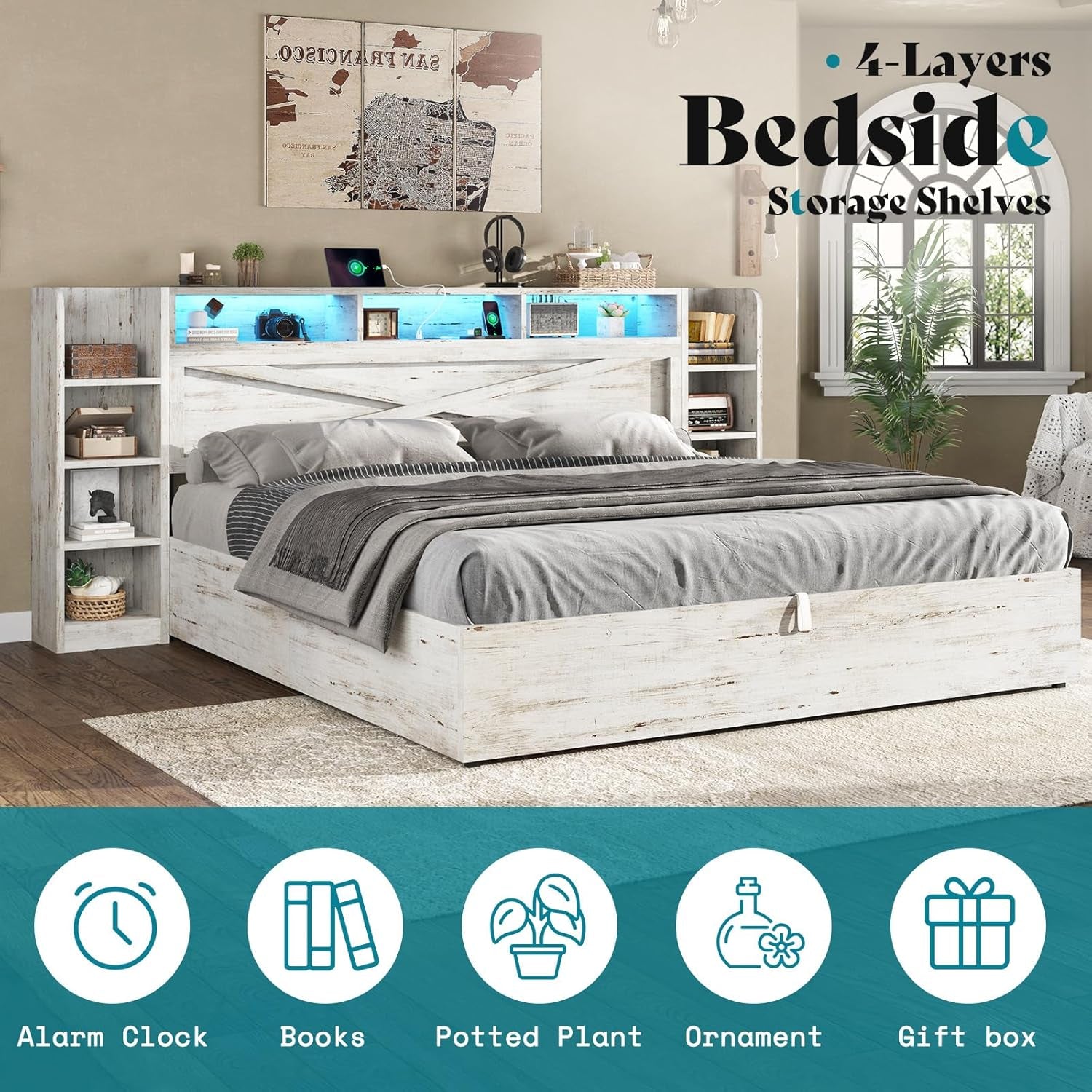 King Size Lift up Storage Bed Frame, 45.1" LED Bed Frame with 2 Side Shelves & Bookcase Headboard, Farmhouse Wood Platform Bed with Charging Station, No Box Spring Needed, Distressed White