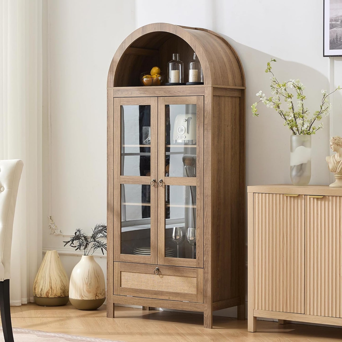 71" Tall Arched Pantry Cabinet with Innovative Drawer, Kitchen Cabinet with Anti-Tipping Device and Glass Door, Versatile Cupboard for Kitchen, Dining, Natrual