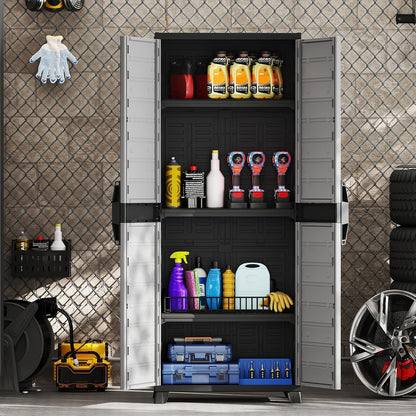 68" Lockable Storage Cabinet, PP Garage Storage Shed with Doors, 3 Adjustable Shelves, Freestanding Tool Locker, Shelving Unit for Pantry, Basement, Laundry Room or Mudroom